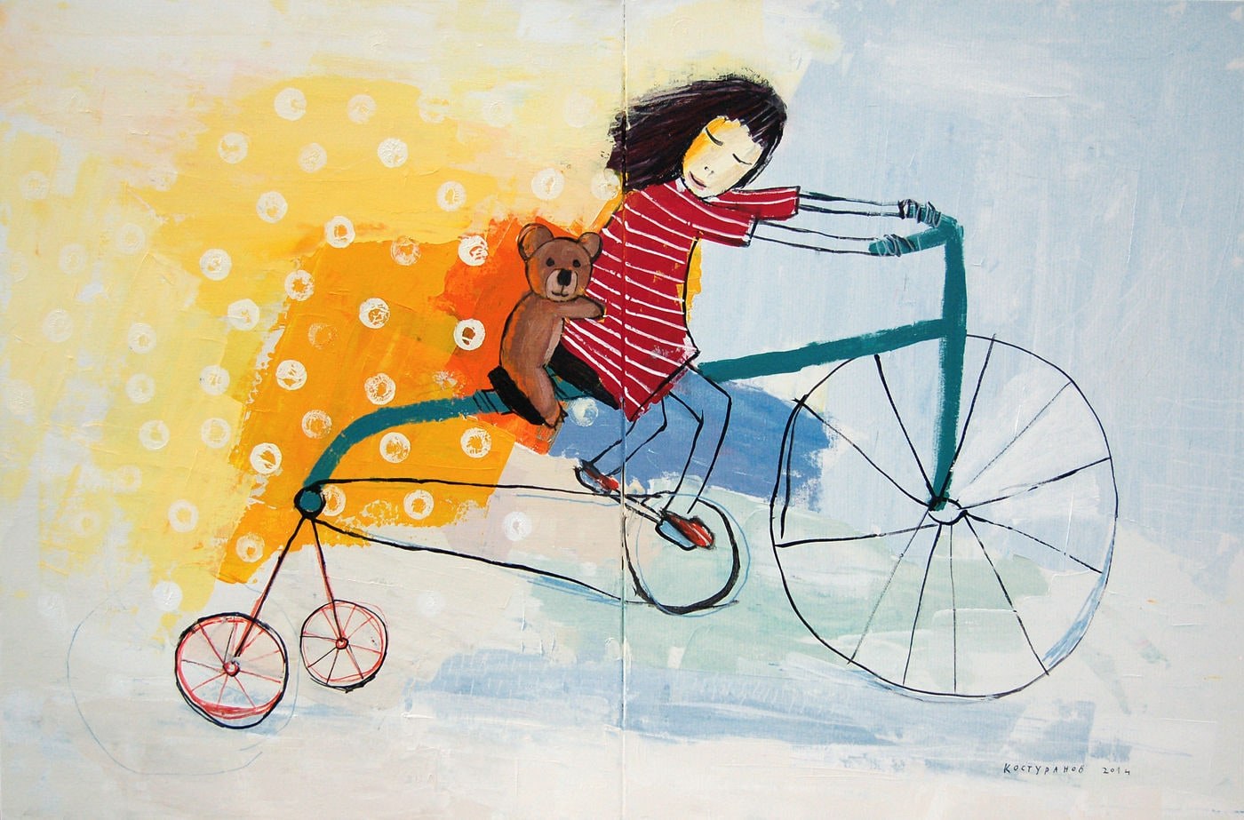 A girl, a bear and a bike Painting